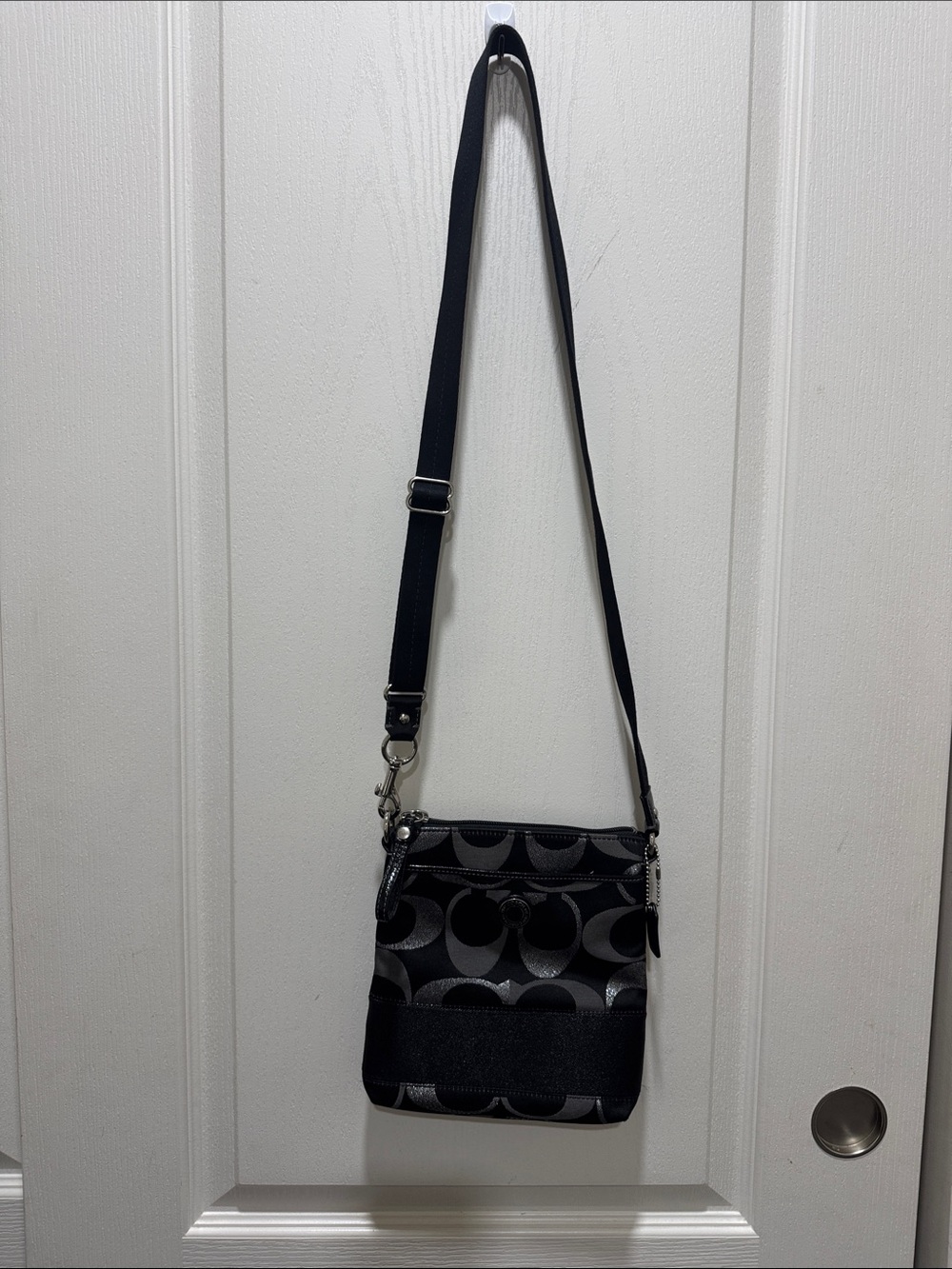 Coach Black Silver Signature Jacquard Crossbody Bag Patent Trim Y2K